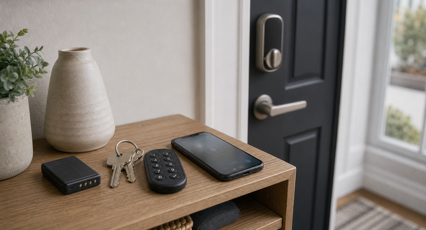 Clé physique, batterie et téléphone préparés comme plan de secours pour serrure connectée