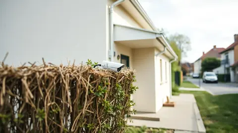 Façade d'une maison avec caméra domestique cadrée sur l'accès privatif, haie séparative visible
