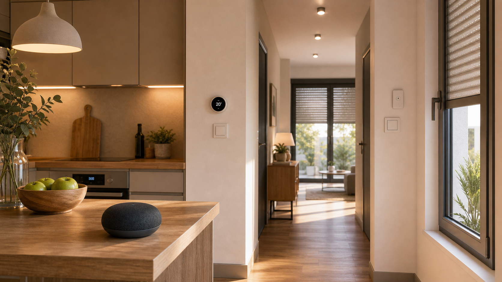 Routine vocale du matin avec lumière thermostat et volets connectés