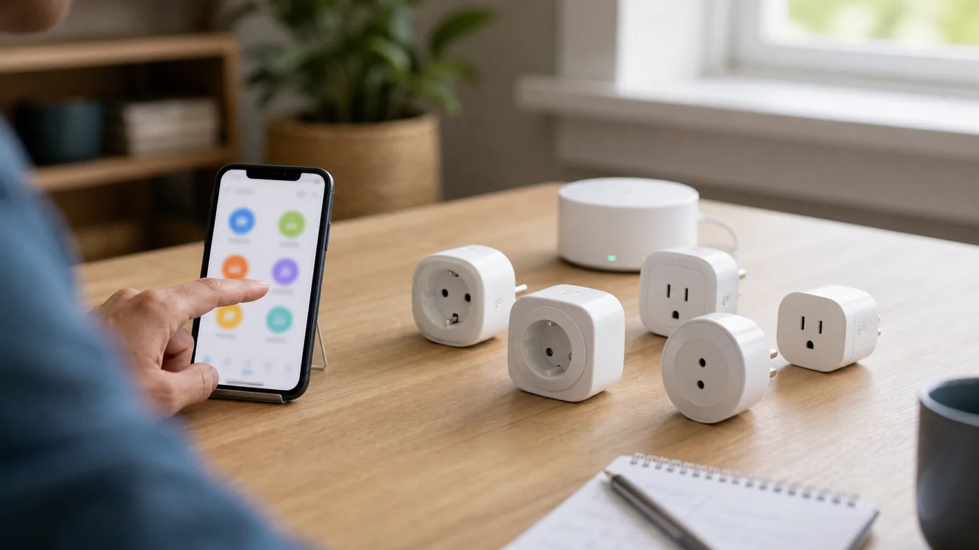 Plusieurs prises connectées comparées avec smartphone et hub domotique