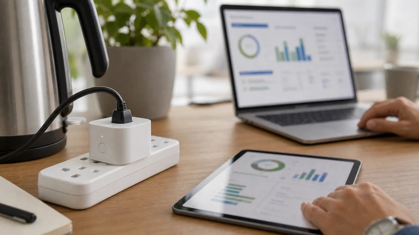 Prise connectée avec suivi de consommation sur un bureau