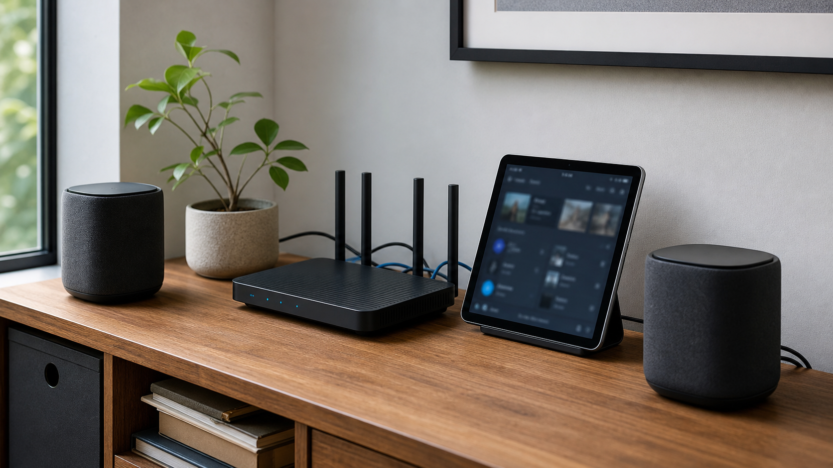 Routeur Wi-Fi, enceintes et tablette pour gérer plusieurs zones audio