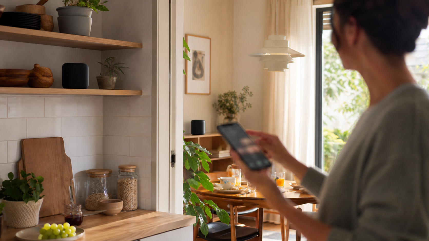 Cuisine lumineuse avec enceinte multiroom et pilotage musical sur smartphone