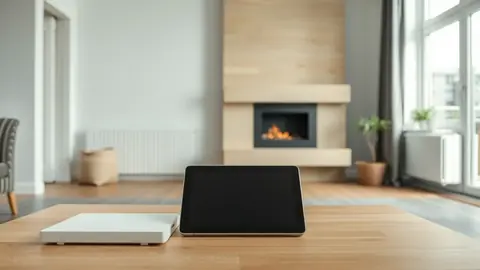 Boîtier Ecojoko posé dans un salon connecté, dans un environnement simple et lisible