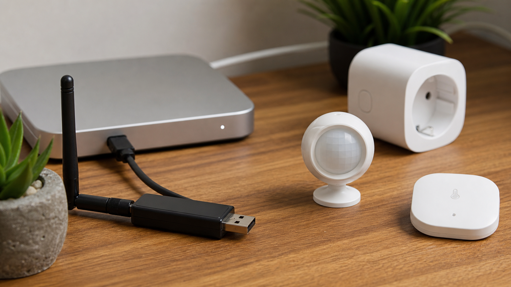 Dongle Zigbee ou Z-Wave branché sur rallonge USB avec capteurs domotiques