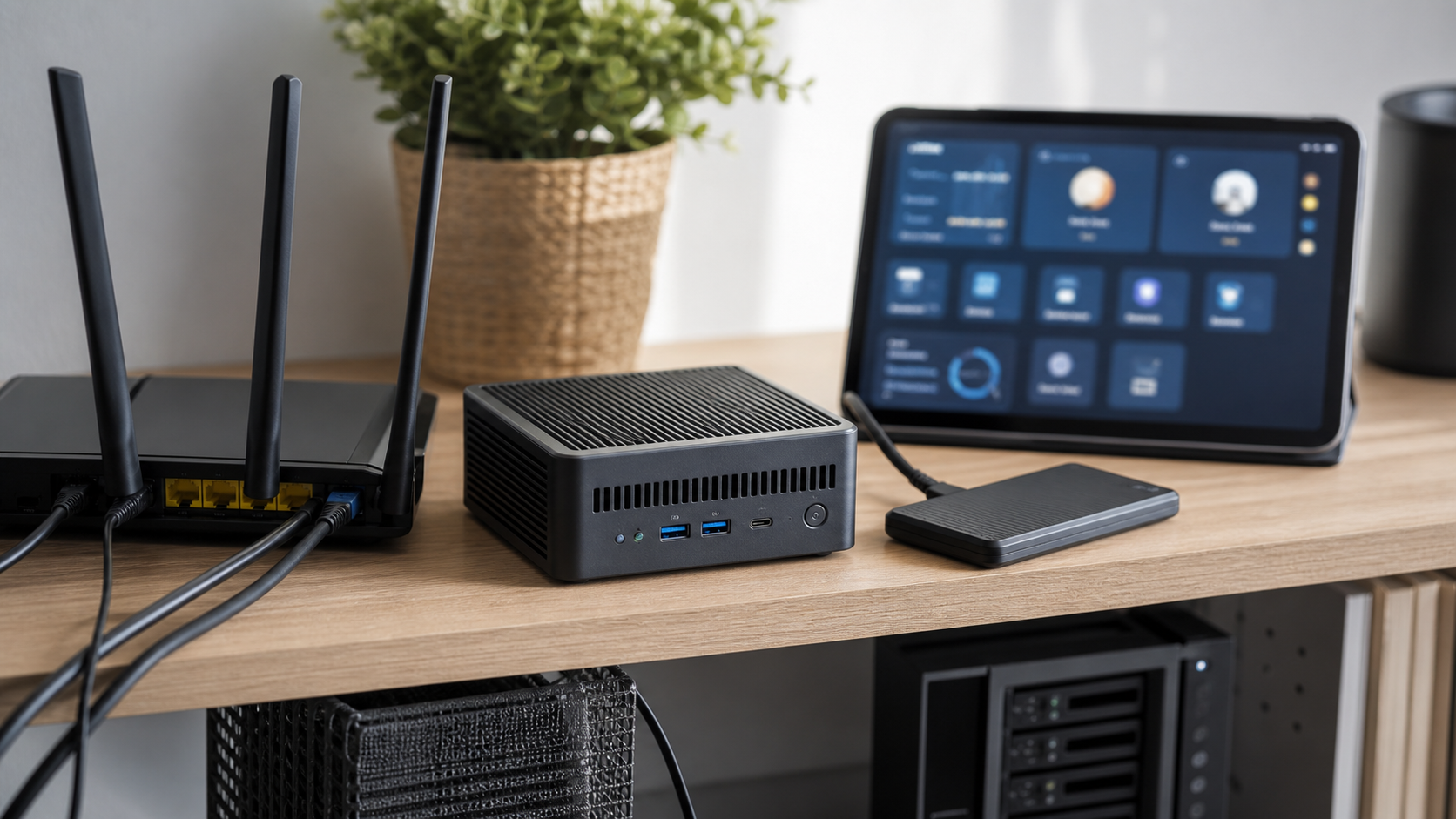 Mini PC dédié à Home Assistant avec routeur, tablette et disque de sauvegarde
