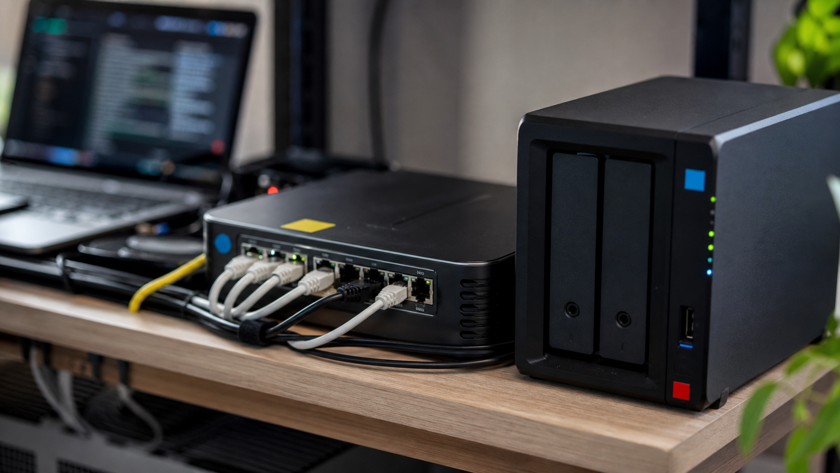 Routeur, petit serveur et câbles Ethernet dans une installation domotique domestique