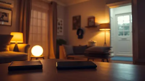 Smartphone éteint sur une table basse dans un salon, porte d'entrée entrouverte en arrière-plan.