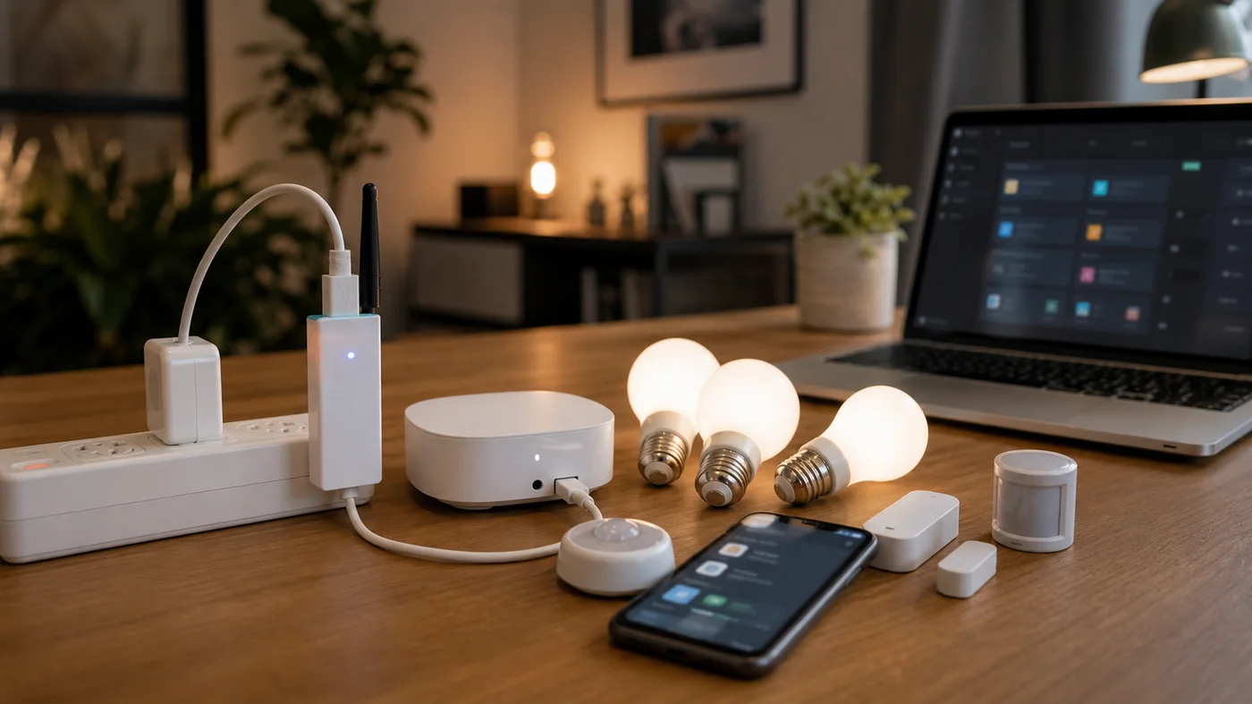 installation domotique de test avec dongle zigbee ampoules et capteurs