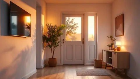 Entrée de maison chaleureuse avec une caméra IP discrète sur une console face à la porte
