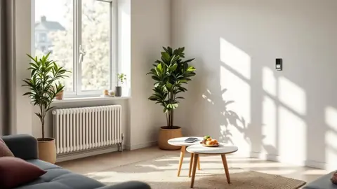 Salon lumineux avec thermostat mural discret proche d'un radiateur, intérieur chaleureux et appareils intégrés