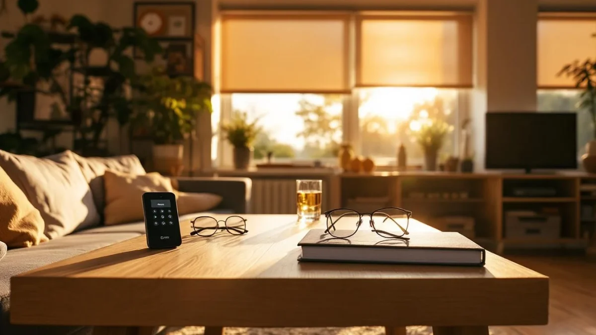 Salon lumineux avec télécommande Somfy sur table basse et volets roulants partiellement fermés