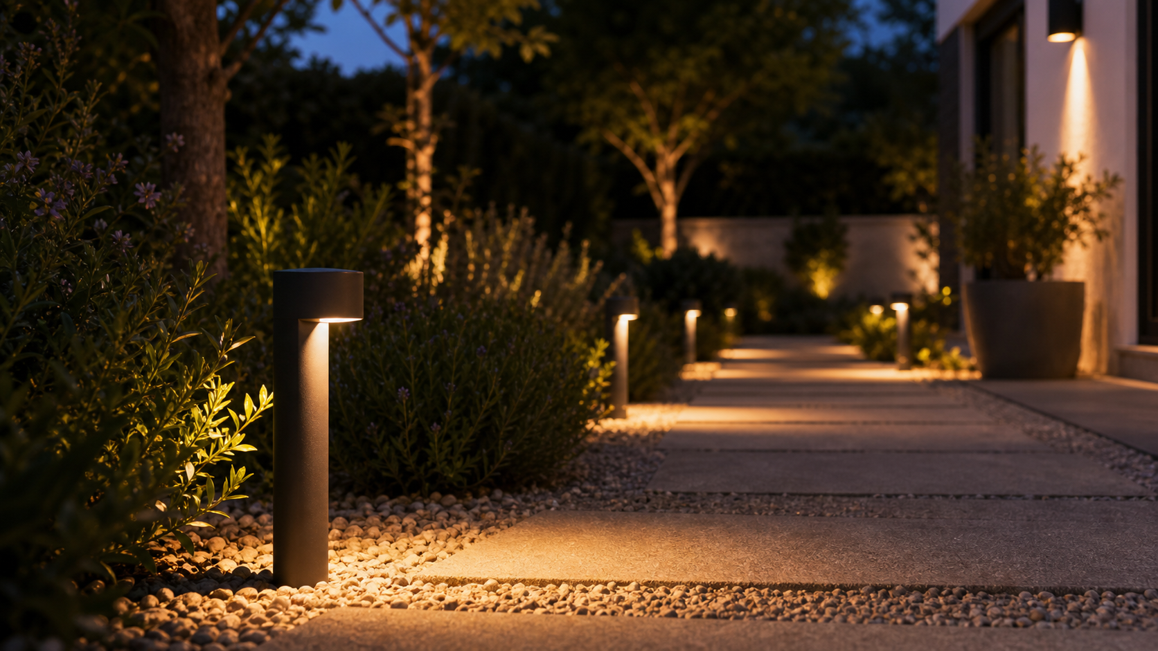 Bornes LED extérieures le long d’une allée de jardin
