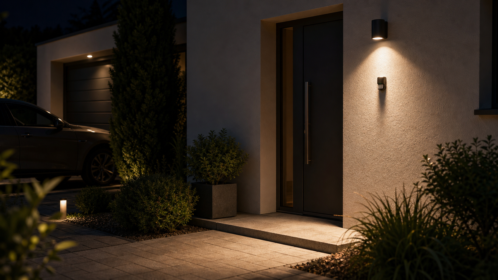 Applique LED extérieure avec détecteur de mouvement près d’une entrée