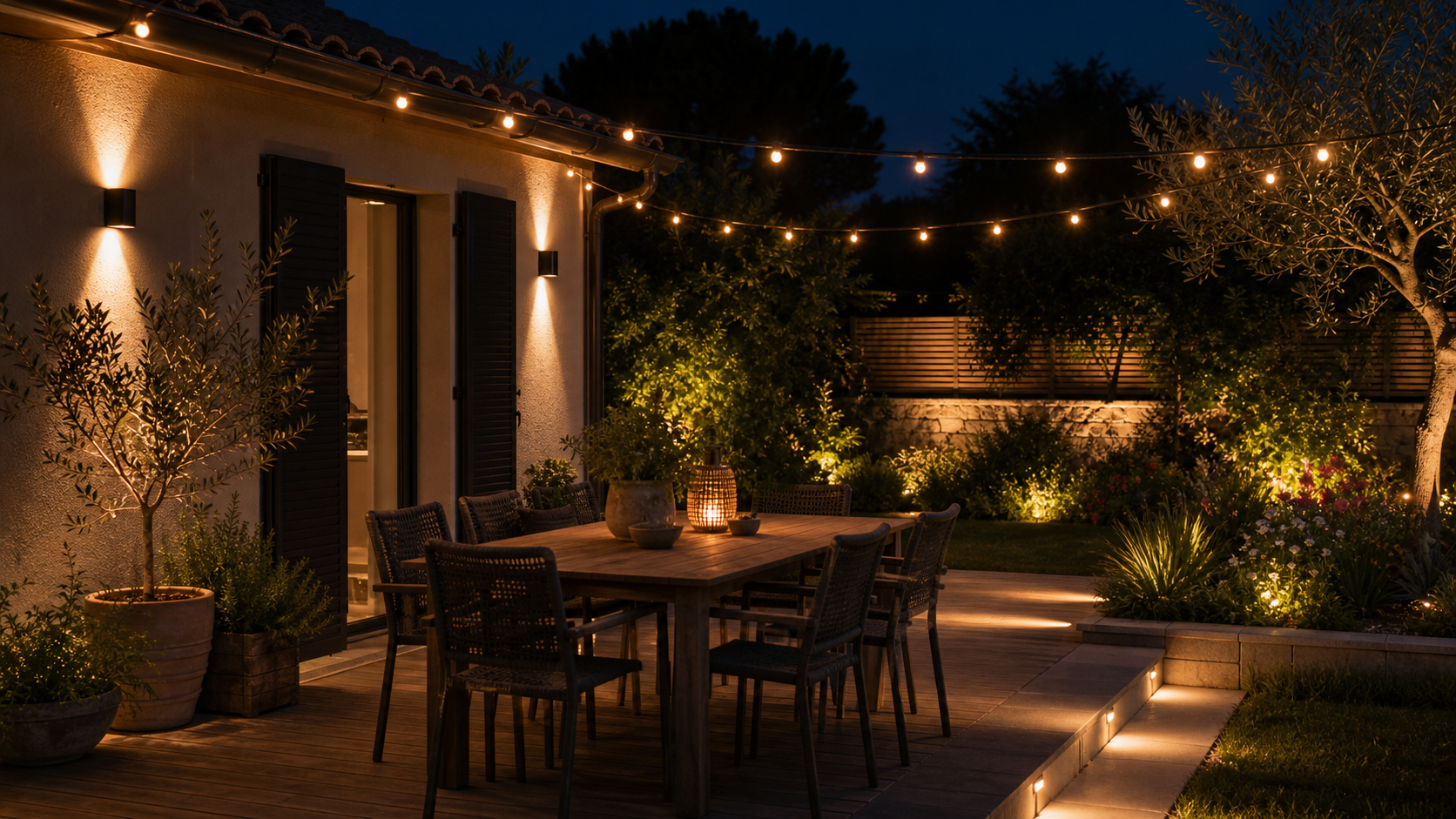 Terrasse extérieure éclairée par des LED chaudes et discrètes