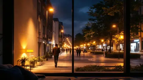 Vue nocturne d'une rue résidentielle éclairée par LED depuis l'intérieur d'un salon chaleureux.