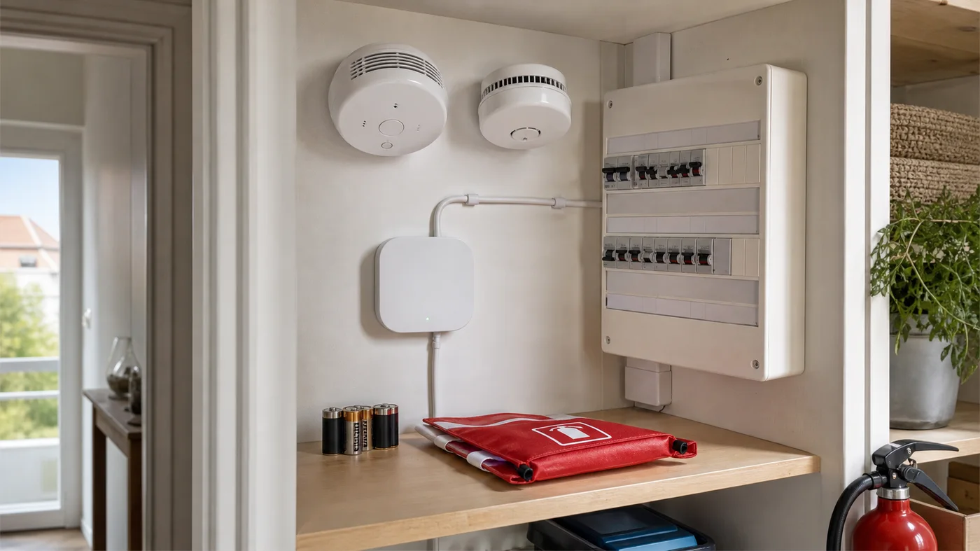 equipements de securite incendie et hub domotique sur une etagere