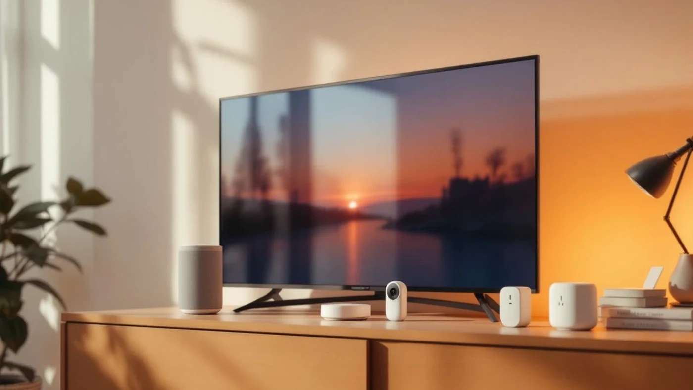 Objets domotiques sur un meuble de salon connecté