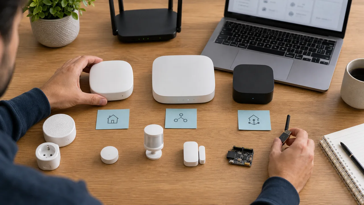 Comparaison de plusieurs hubs domotiques et capteurs sur une table