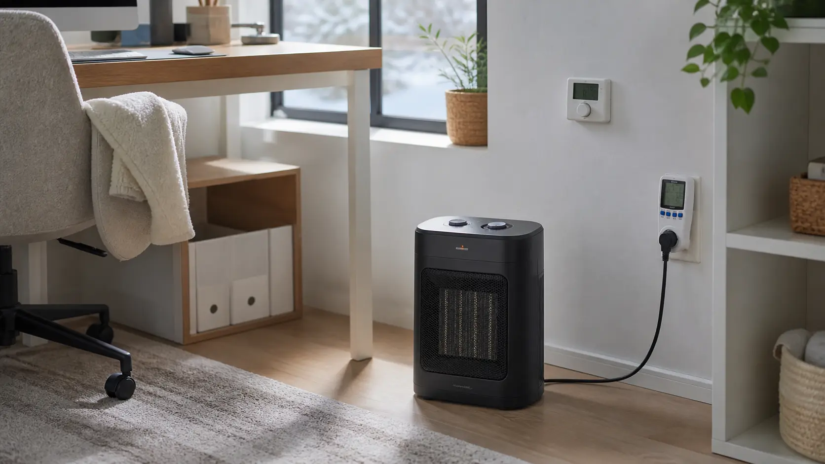 Chauffage d'appoint électrique dans un bureau avec prise de suivi énergie