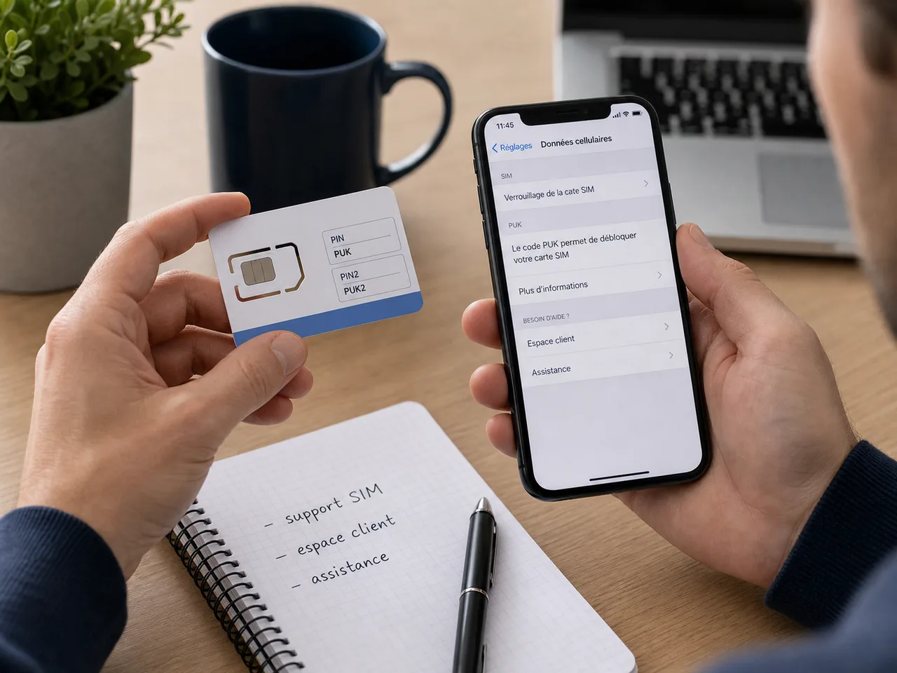 Recherche du code PUK sur le support de carte SIM et dans un espace client mobile