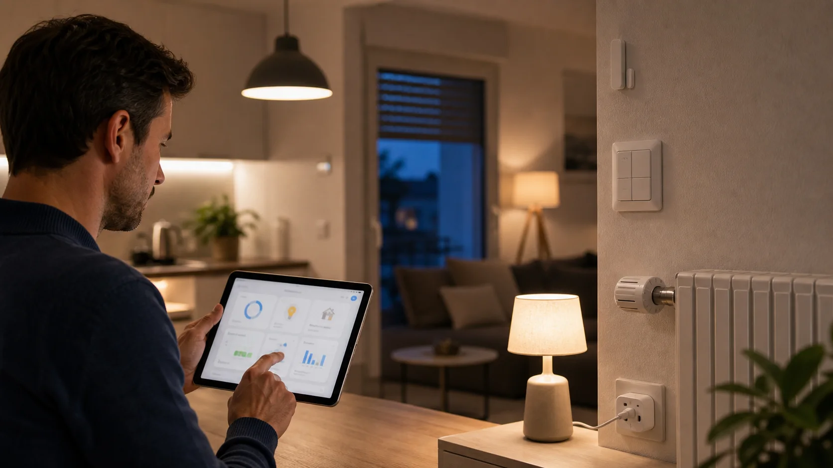 Scenario domotique avec thermostat volets motorises capteur de porte et suivi énergie