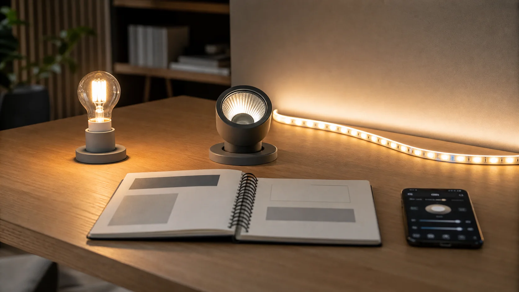 Ampoule, luminaire et ruban LED montrant differentes nuances d'eclairage
