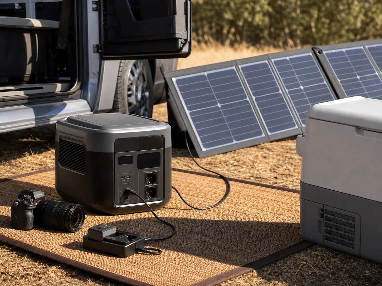 Station électrique portable avec panneau solaire pliable en usage van et camping