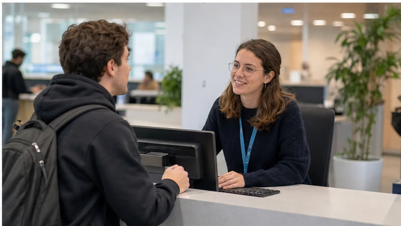 Étudiant demandant de l’aide à un support informatique universitaire
