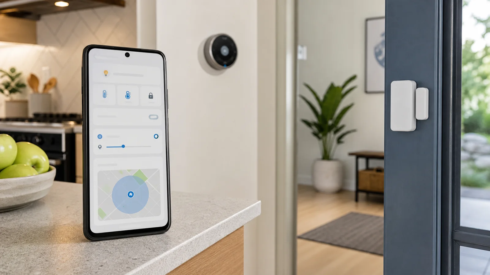 Telephone Android avec carte domotique pres de capteurs de maison