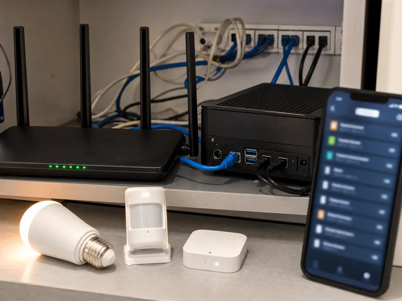 Diagnostic réseau Home Assistant HomeKit avec routeur serveur et smartphone