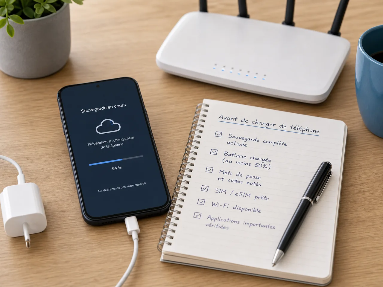 Préparation avant migration de téléphone avec sauvegarde, chargeur et Wi-Fi