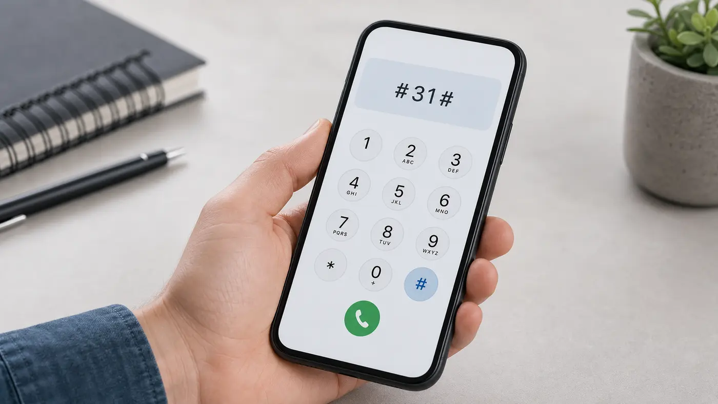 Smartphone avec le code #31# composé avant un appel masqué