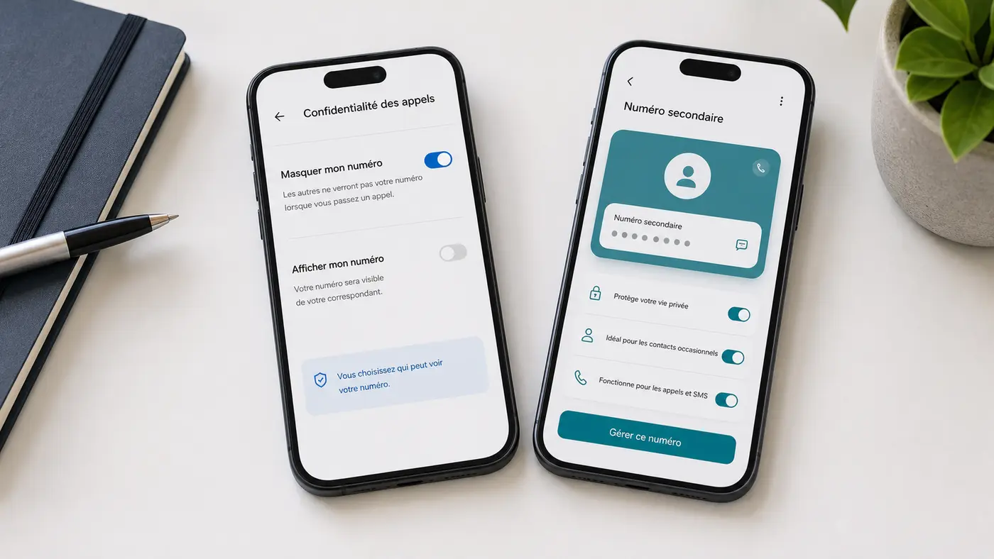 Deux smartphones montrant le choix entre masquage du numéro et numéro secondaire