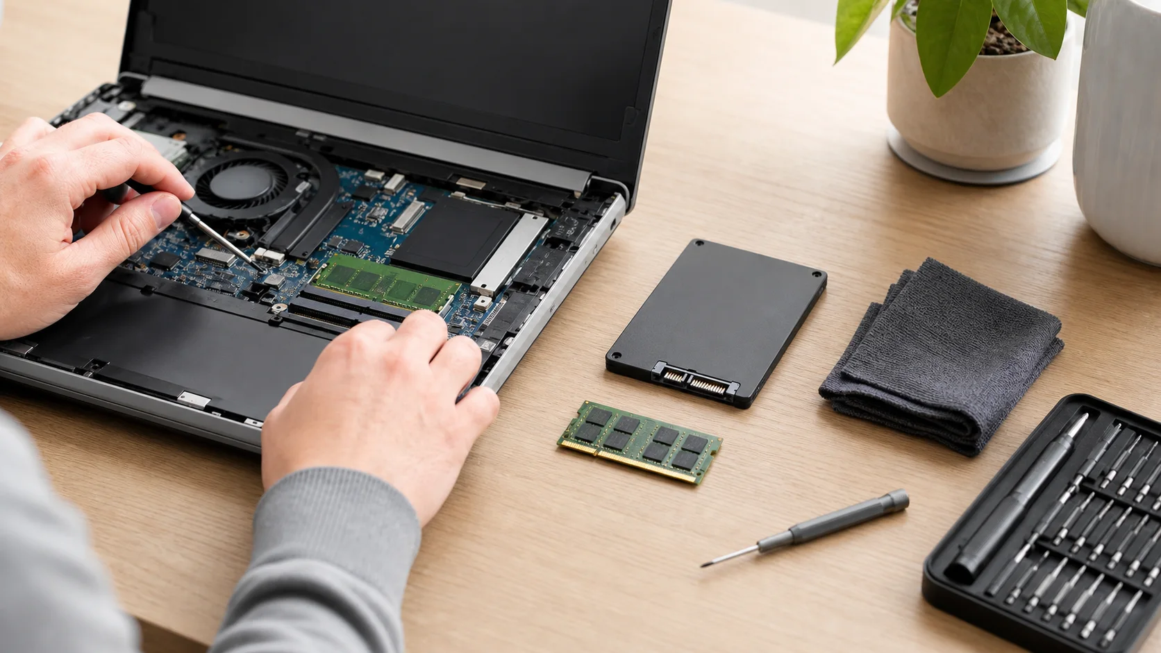 Ordinateur portable ouvert avec SSD et module RAM pour mise à niveau