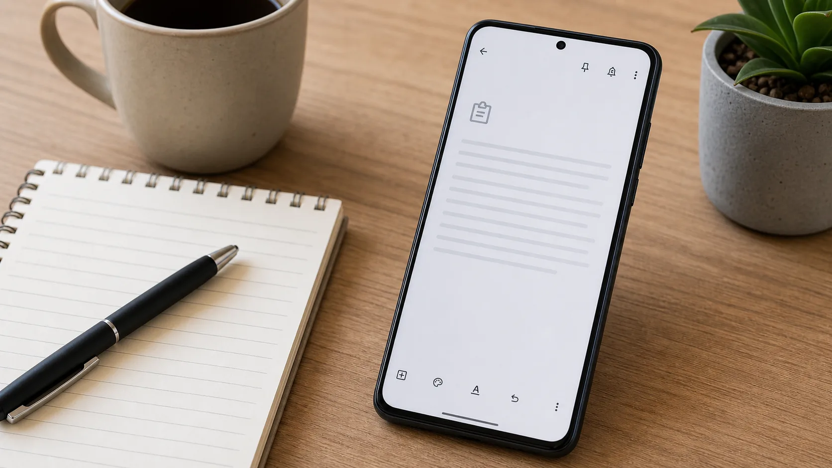 Smartphone Android affichant une note vide pour sauvegarder un texte copié