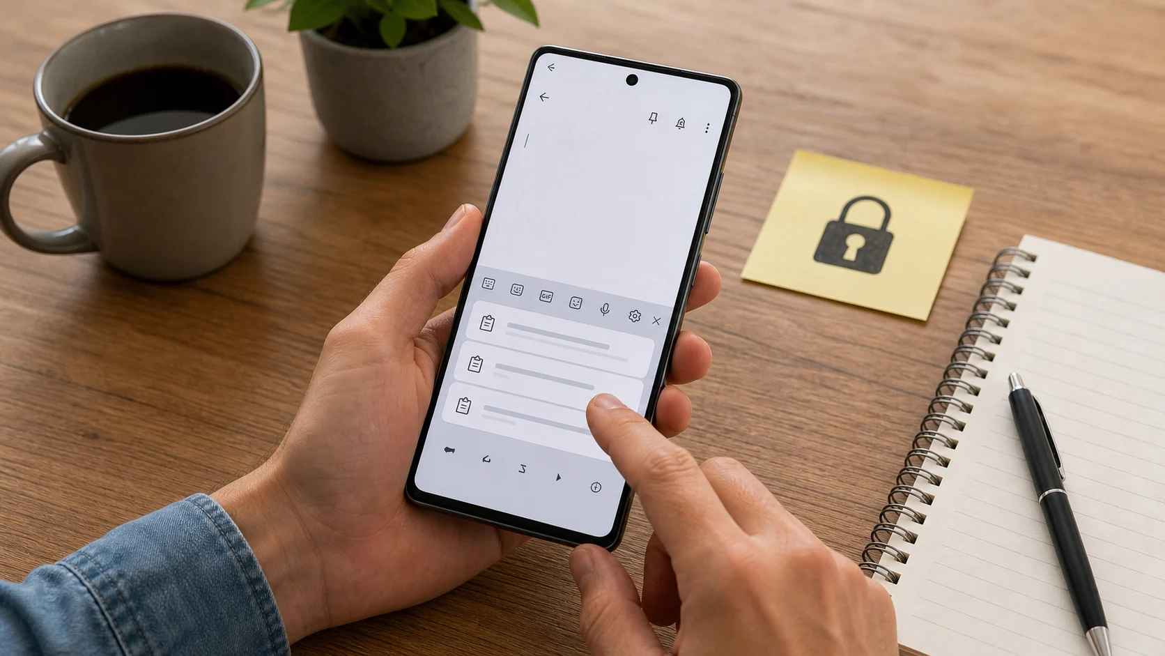 Presse-papier affiché sur un smartphone Android avec repère de sécurité et note vide