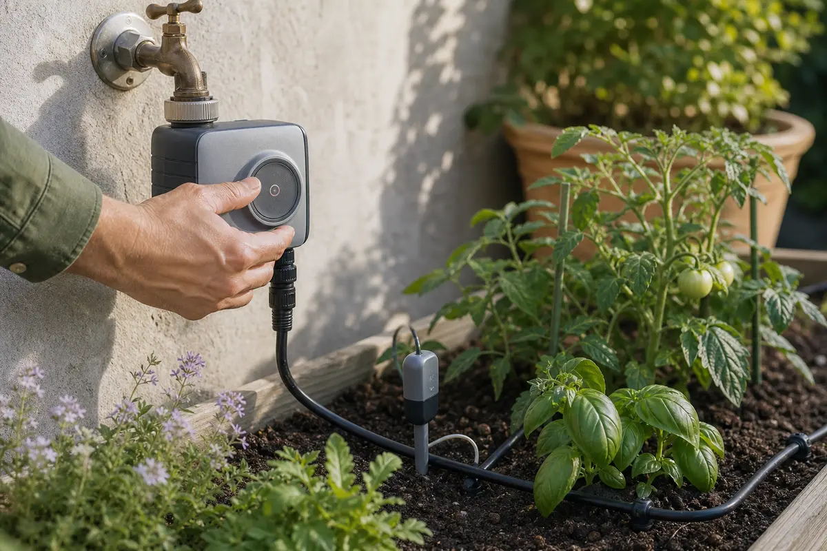 Programmateur d’arrosage connecté installé sur un robinet de jardin avec goutte-à-goutte